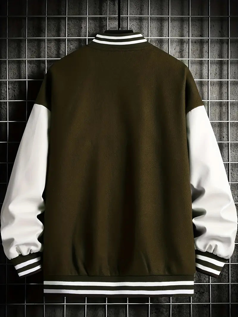 Men's Stand Collar Casual Loose Sports Jacket Color Block "A" Letter Embroidery Button Pocket Coat Top Clothes