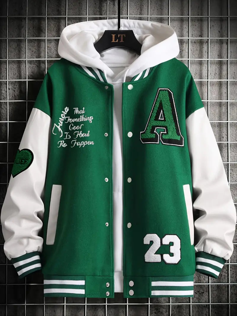 Men's Stand Collar Casual Loose Sports Jacket Color Block "A" Letter Embroidery Button Pocket Coat Top Clothes