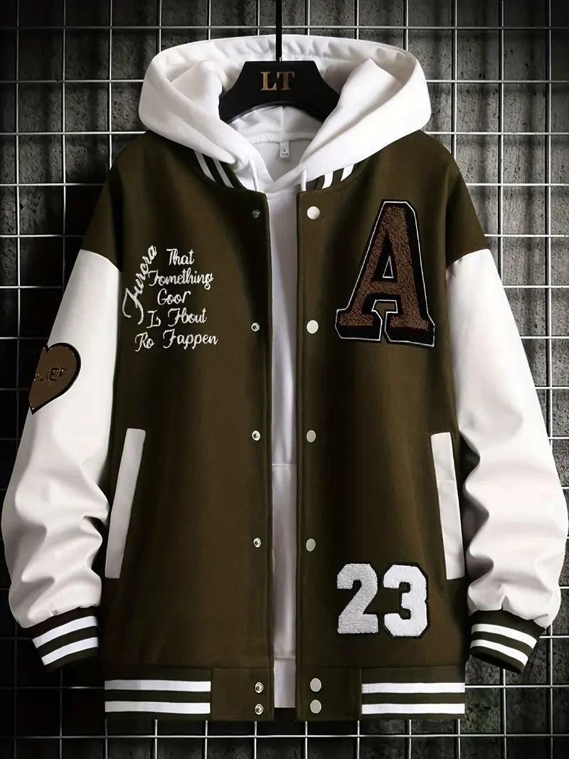 Men's Stand Collar Casual Loose Sports Jacket Color Block "A" Letter Embroidery Button Pocket Coat Top Clothes