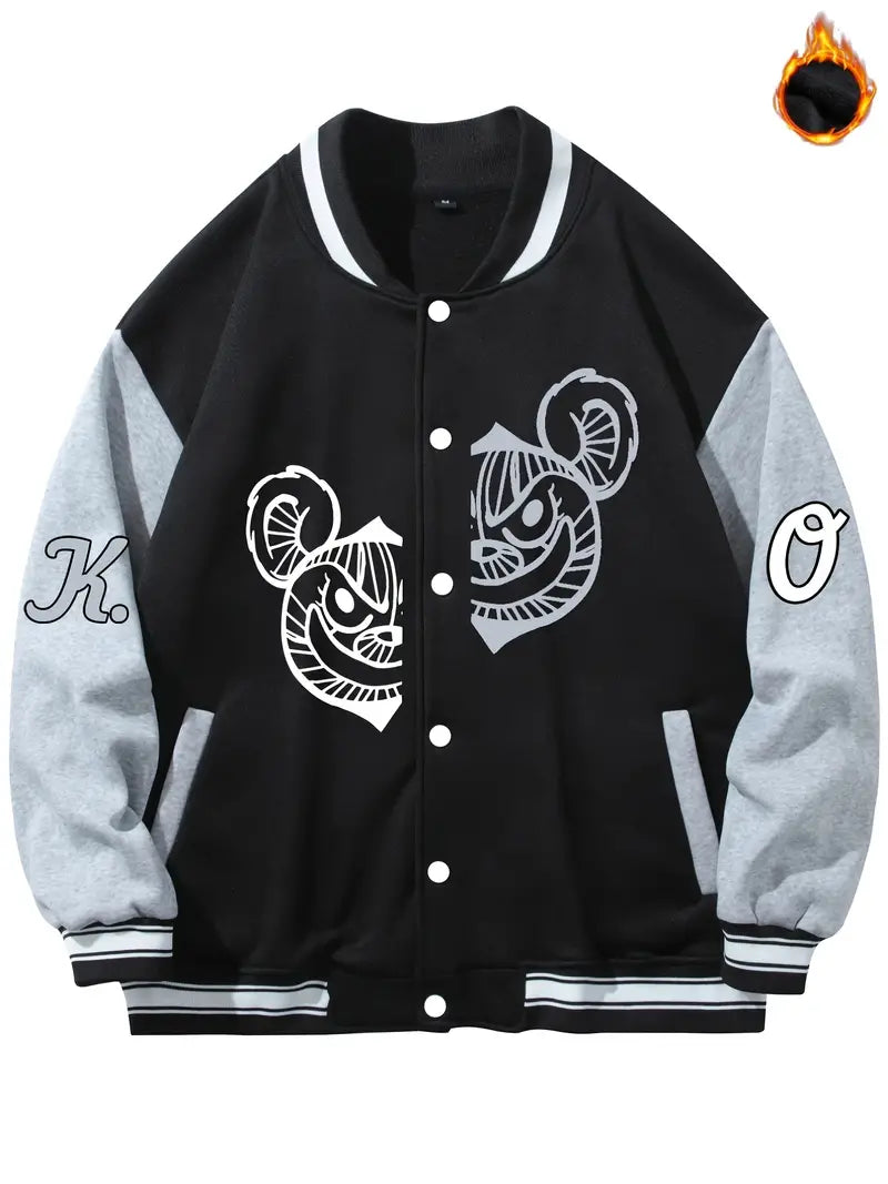 Bear Graphic Print Men's Casual Relaxed Fit Color Block Baseball Jacket Gifts