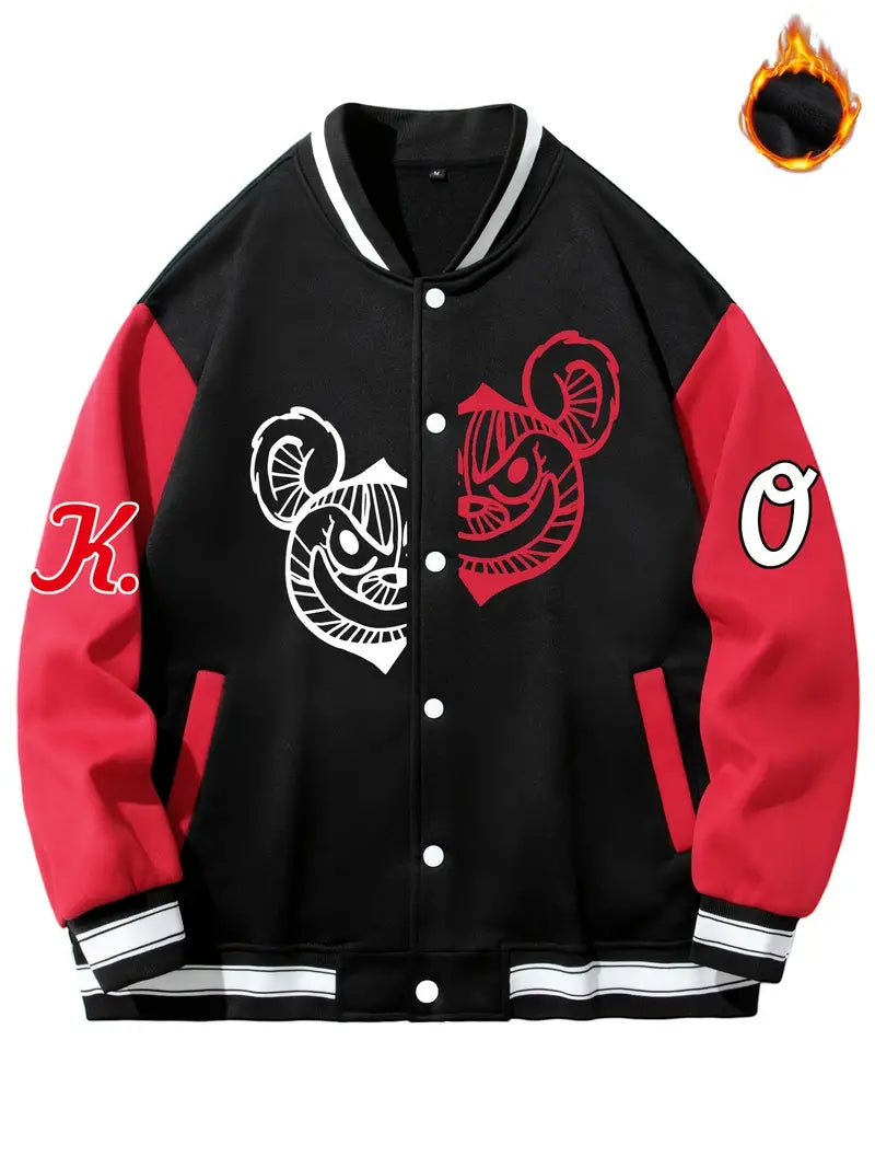 Bear Graphic Print Men's Casual Relaxed Fit Color Block Baseball Jacket Gifts