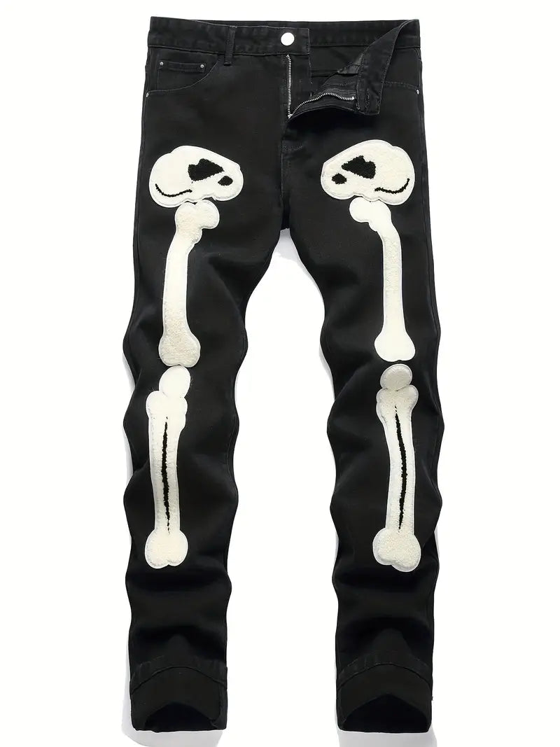 Slim Fit Skeleton Pattern Jeans, Men's Casual Street Style Medium Stretch Denim Pants For All Seasons