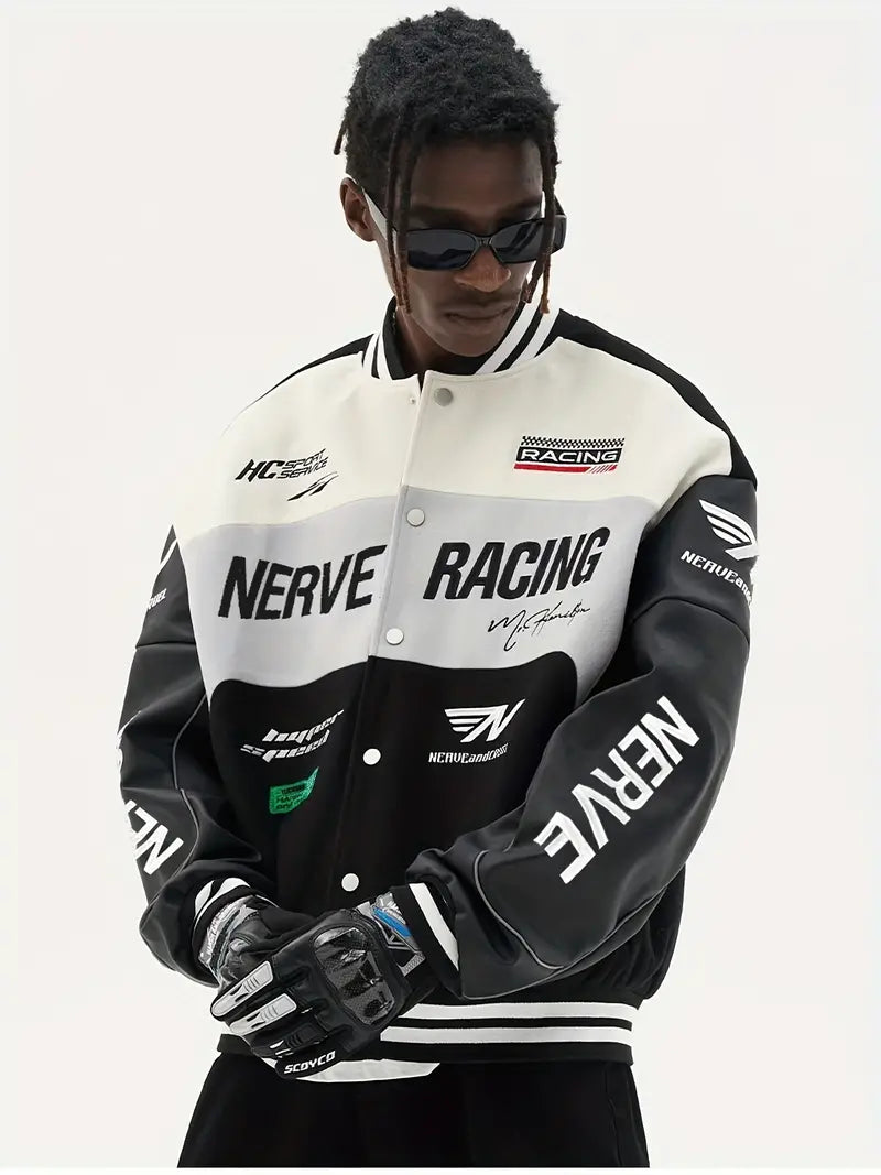 Letter Embroidery Color Block PU Jacket, Stylish Baseball Collar Biker Jacket Varsity Jacket