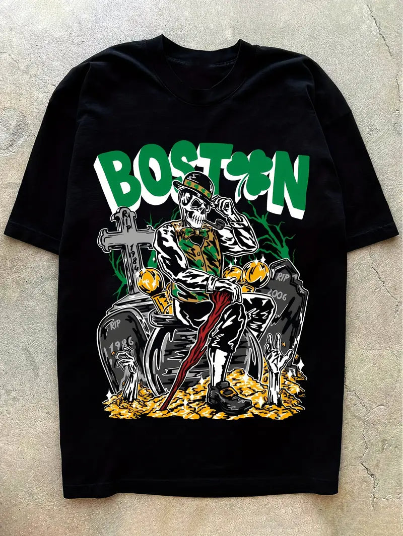 Trendy Boston Skeleton Pattern Print Men's Comfy Chic T-shirt, Graphic Tee Men's Summer Outdoor Clothes, Men's Clothing, Tops For Men, Gift For Men