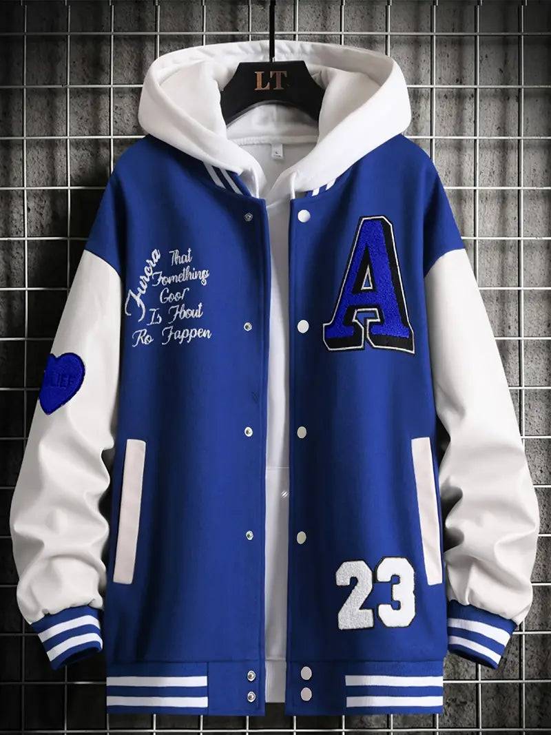 Men's Stand Collar Casual Loose Sports Jacket Color Block "A" Letter Embroidery Button Pocket Coat Top Clothes
