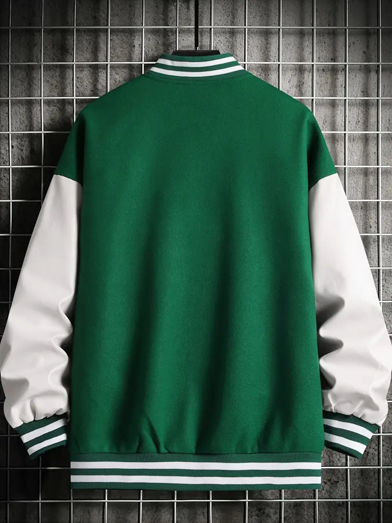 Men's Stand Collar Casual Loose Sports Jacket Color Block "A" Letter Embroidery Button Pocket Coat Top Clothes