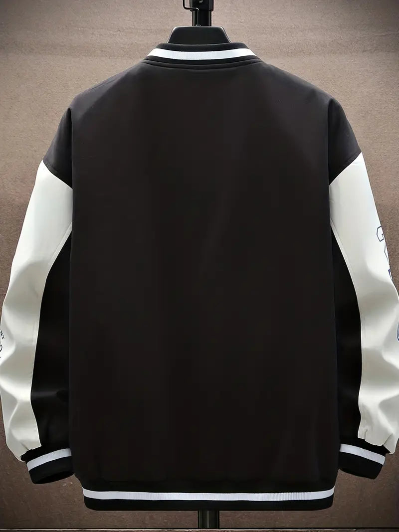 Letter Print Color Block Varsity Jackets, Men's Casual Baseball Collar Jacket Coat For Spring Fall