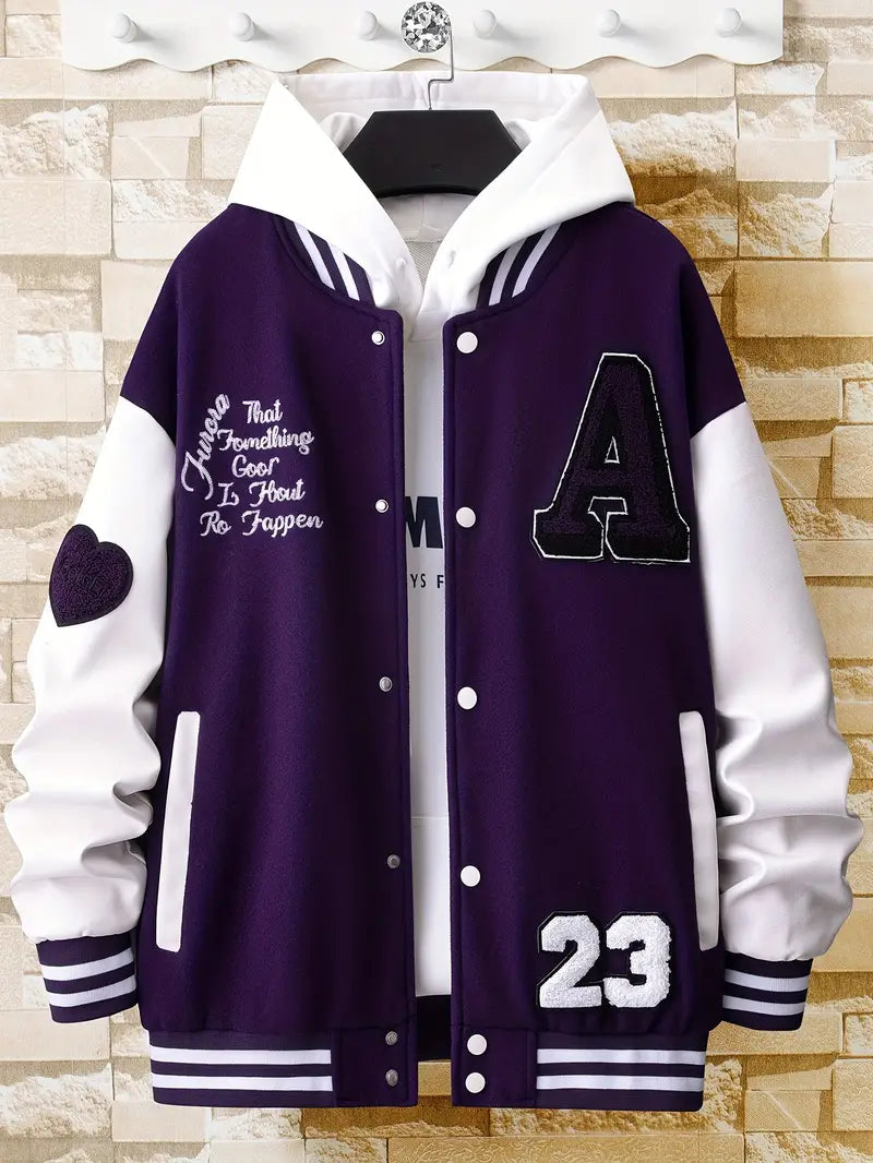 Men's Stand Collar Casual Loose Sports Jacket Color Block "A" Letter Embroidery Button Pocket Coat Top Clothes