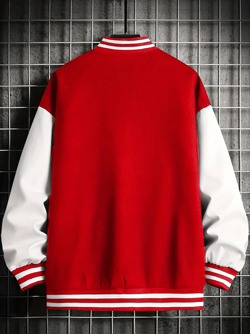 Men's Stand Collar Casual Loose Sports Jacket Color Block "A" Letter Embroidery Button Pocket Coat Top Clothes