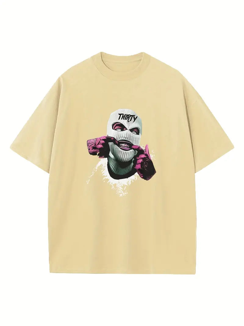 Masked Man Print, Men's Graphic T-shirt, Casual Comfy Tees For Summer, Mens Clothing
