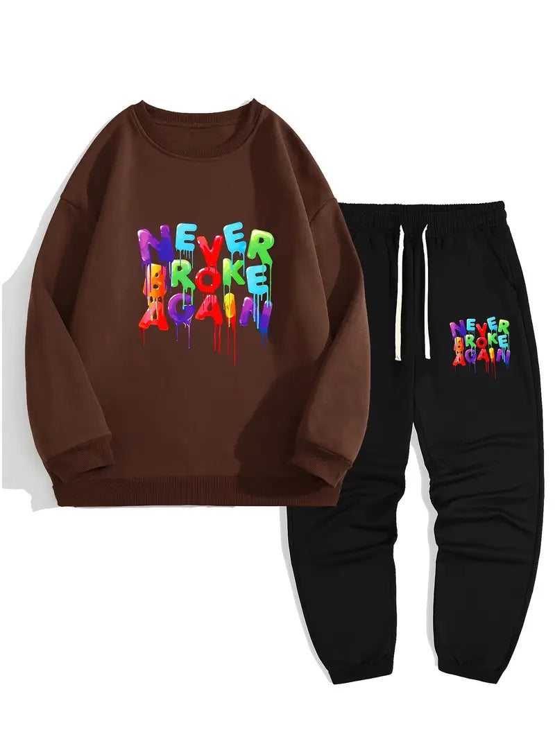 Men's Simple Style Casual Pajamas Sets, Letter NEVER BROKEN AGAIN Graphic Print Long Sleeve Crew Neck Sweatshirt Top & Loose Sweatpants Trendy Trousers With Pocket Drawstring Elastic , Outdoor Sets For Spring Autumn