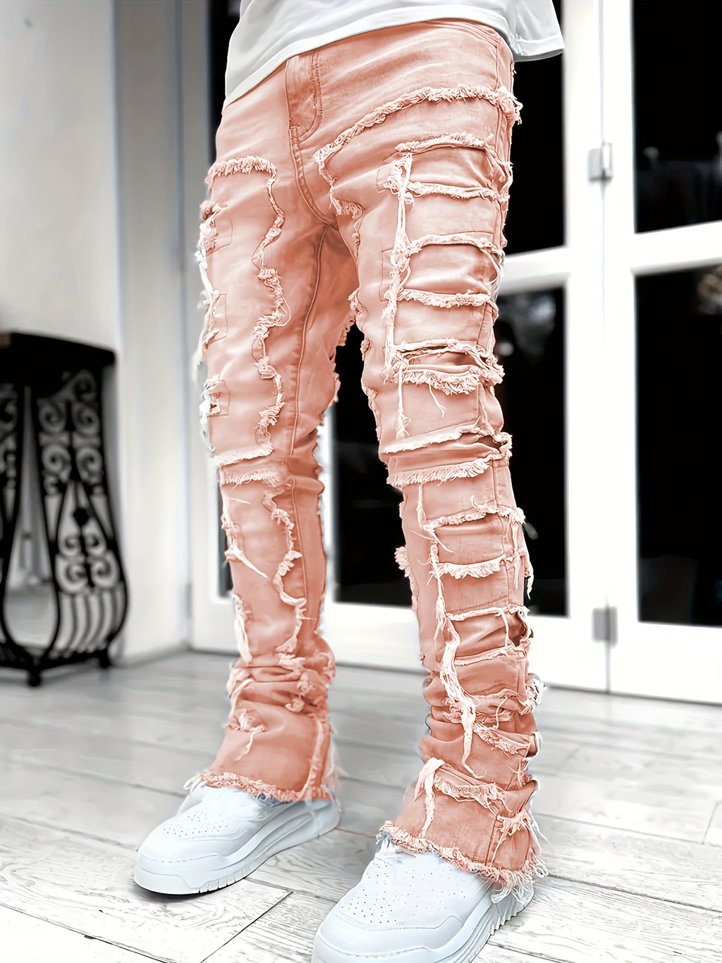 Men's Casual Raw Trim Jeans, Street Style Stretch Hip Hop Skinny Denim Pants