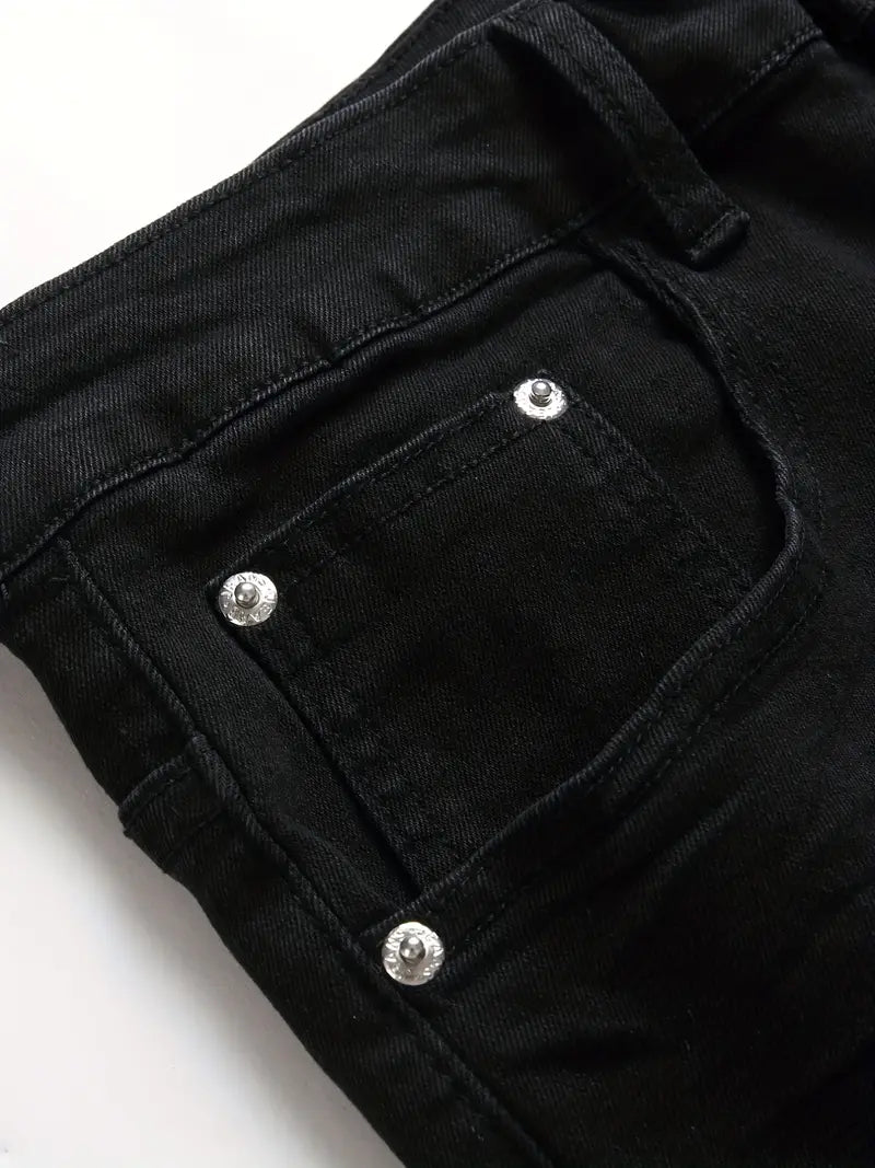 Slim Fit Skeleton Pattern Jeans, Men's Casual Street Style Medium Stretch Denim Pants For All Seasons