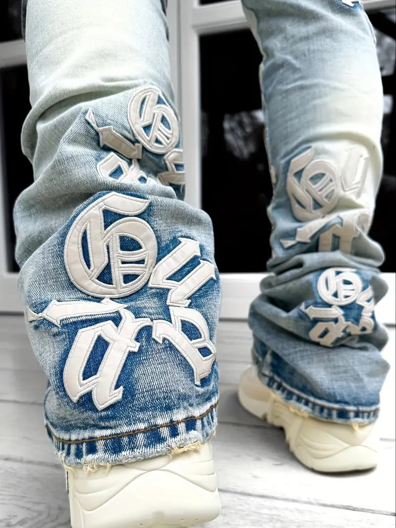 Men's Casual Letter Patchwork Skinny Jeans, Vintage Style Ripped Denim Pants