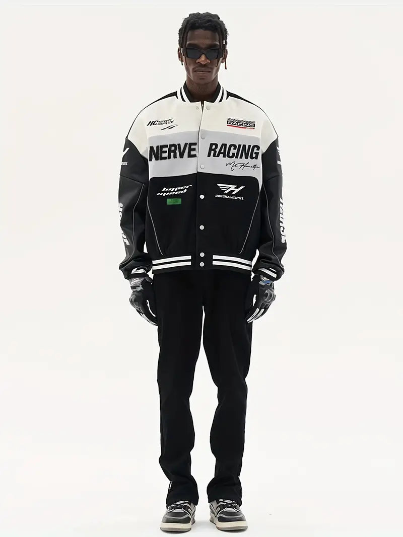 Letter Embroidery Color Block PU Jacket, Stylish Baseball Collar Biker Jacket Varsity Jacket