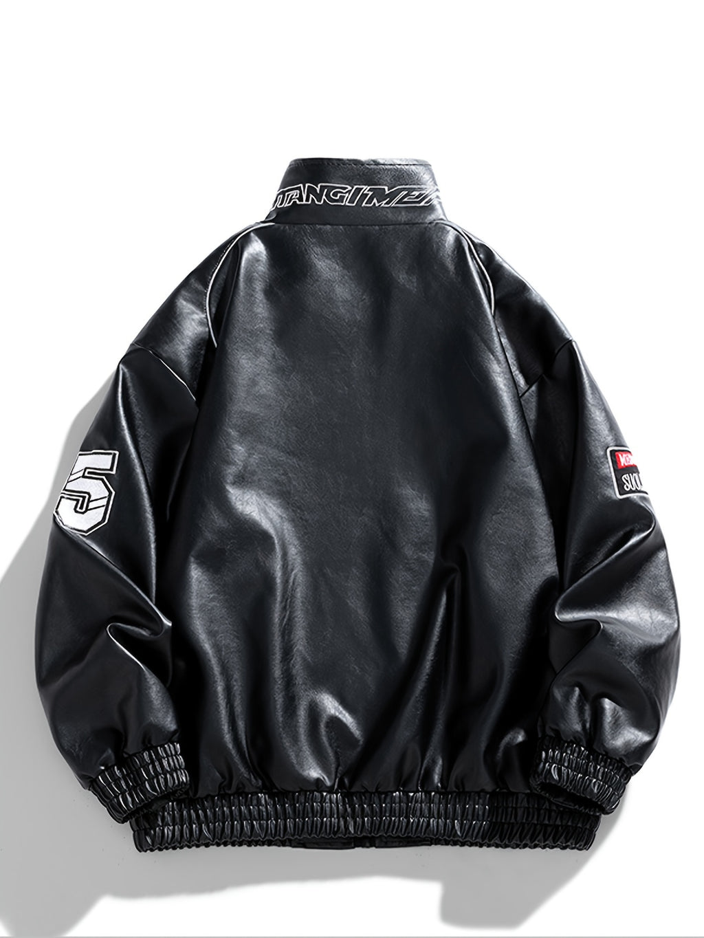 Men's Casual PU Leather Jacket, Chic Letter Print Stand Collar Street Style Jacket