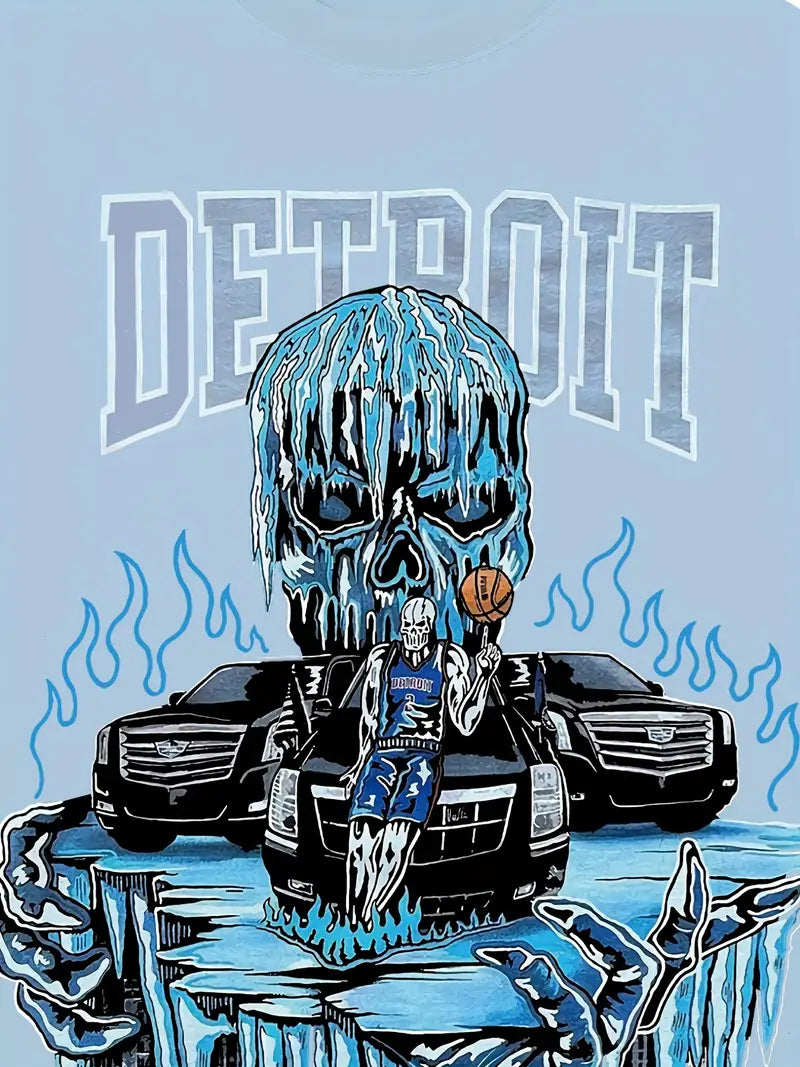 Men's Anime Skull Detroit Print Crew Neck Short Sleeve Cotton T-Shirt