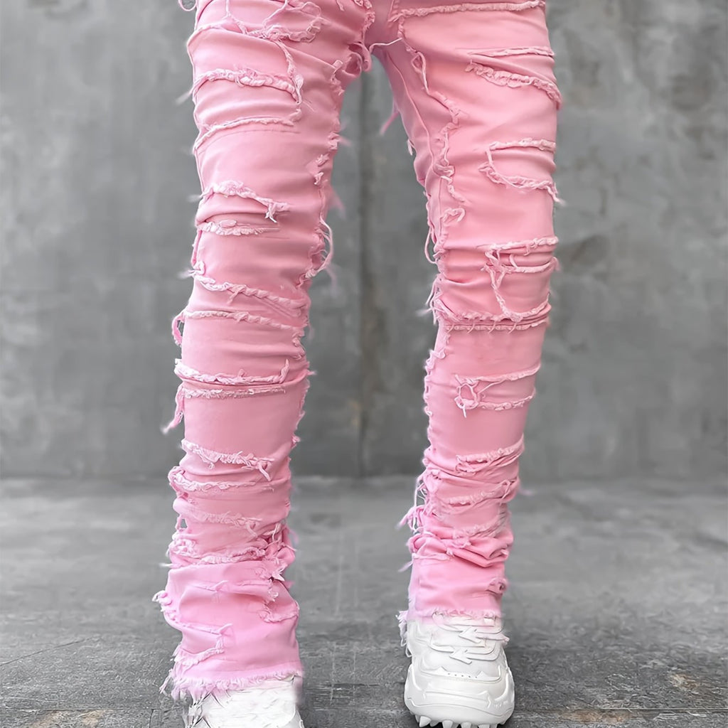 Creative Tassels Decoration Straight Fit Jeans, Men's Casual Medium Stretch Street Style Denim Pants For All Seasons