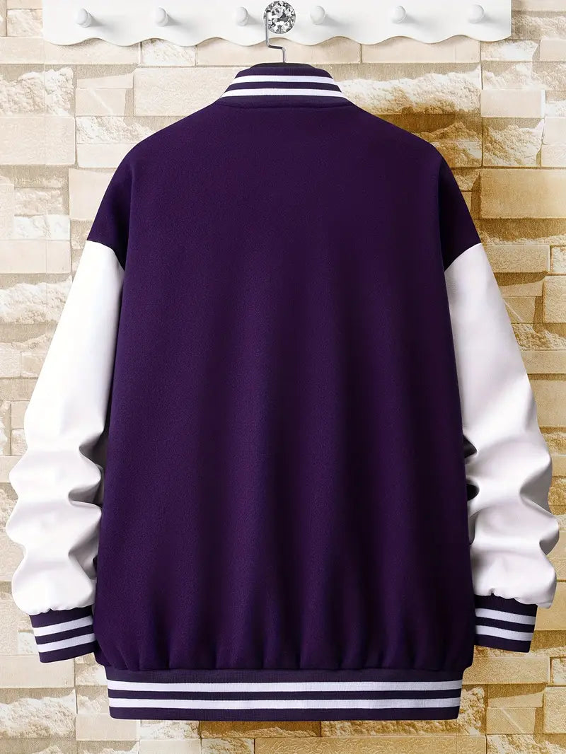 Men's Stand Collar Casual Loose Sports Jacket Color Block "A" Letter Embroidery Button Pocket Coat Top Clothes