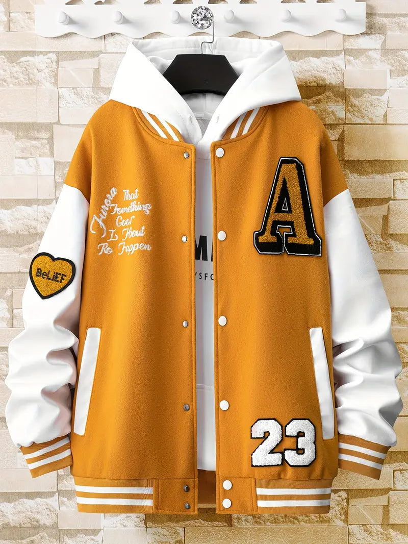 Men's Stand Collar Casual Loose Sports Jacket Color Block "A" Letter Embroidery Button Pocket Coat Top Clothes
