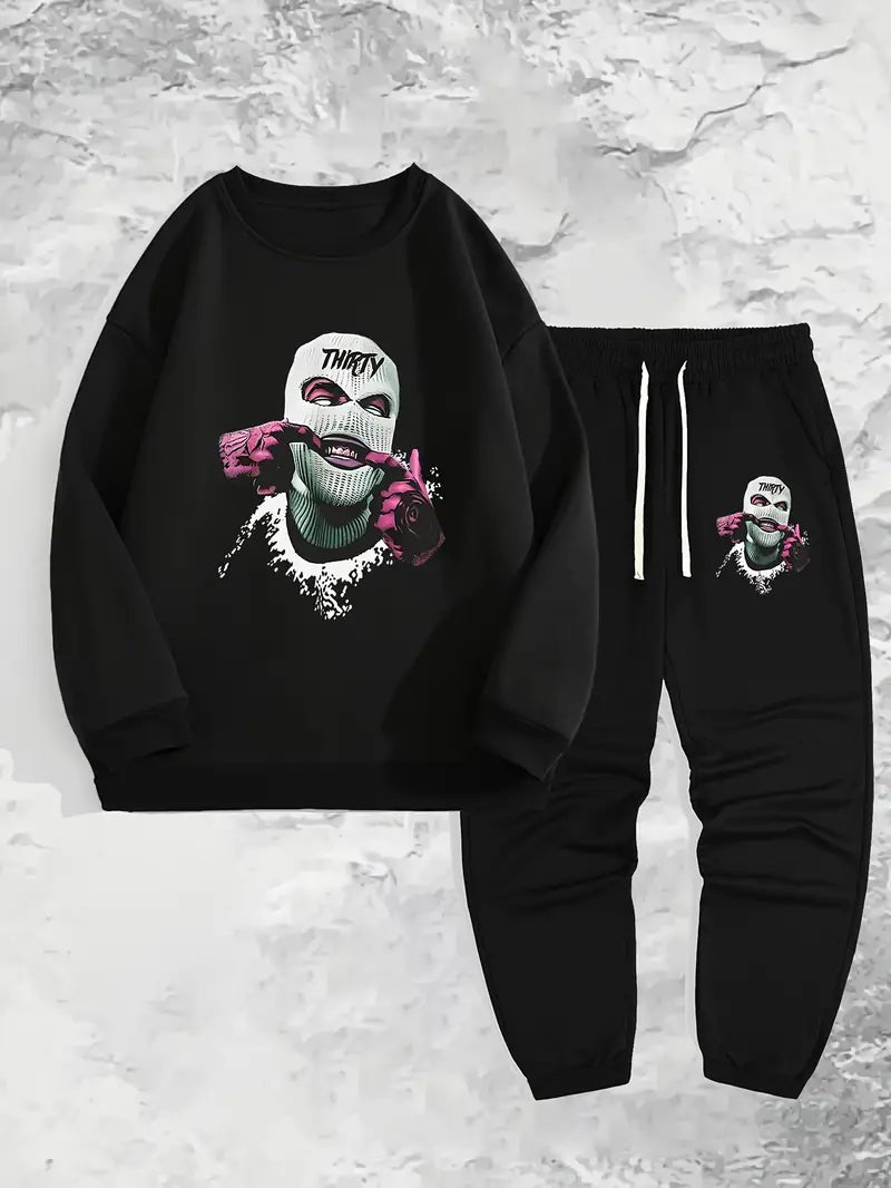 Men's Simple Style Casual Pajamas Sets, Drill Man Graphic Print Long Sleeve Crew Neck Sweatshirt Top & Loose Sweatpants Trendy Trousers With Pocket Drawstring Elastic, Outdoor Sets For Spring Autumn