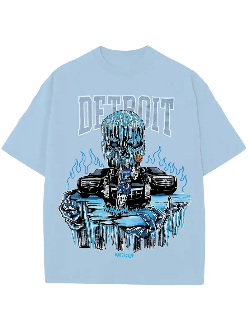 Men's Anime Skull Detroit Print Crew Neck Short Sleeve Cotton T-Shirt