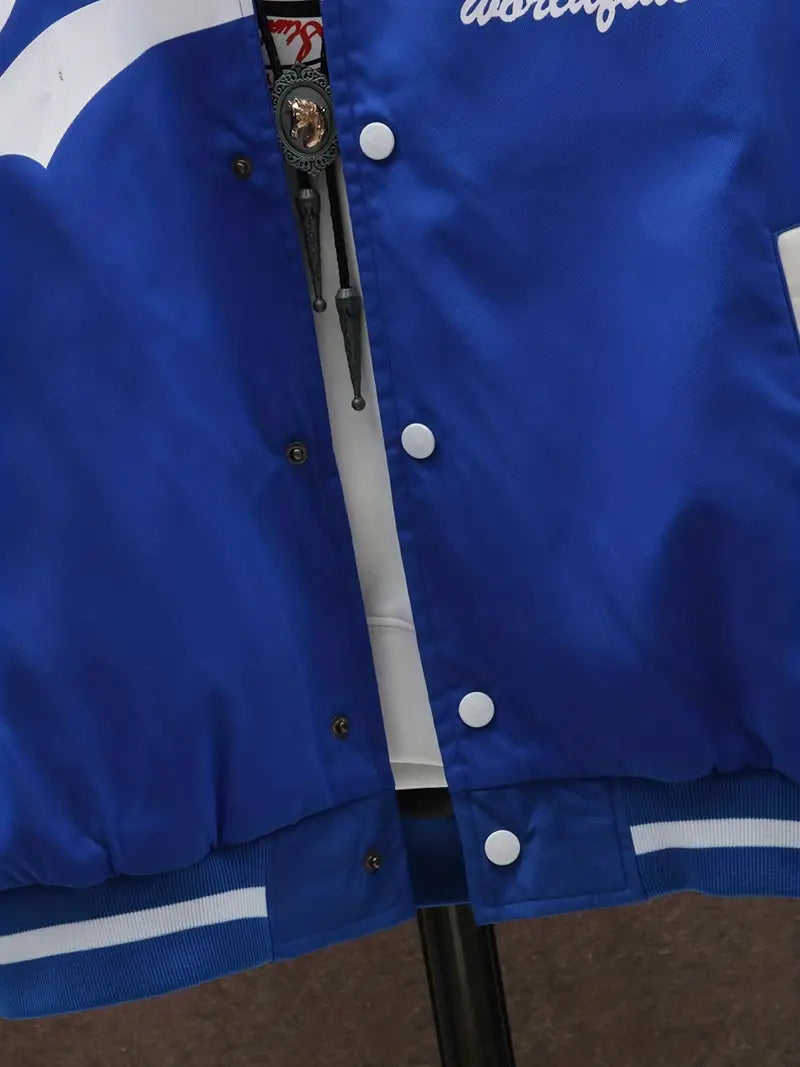 Letter Print Color Block Varsity Jackets, Men's Casual Baseball Collar Jacket Coat For Spring Fall