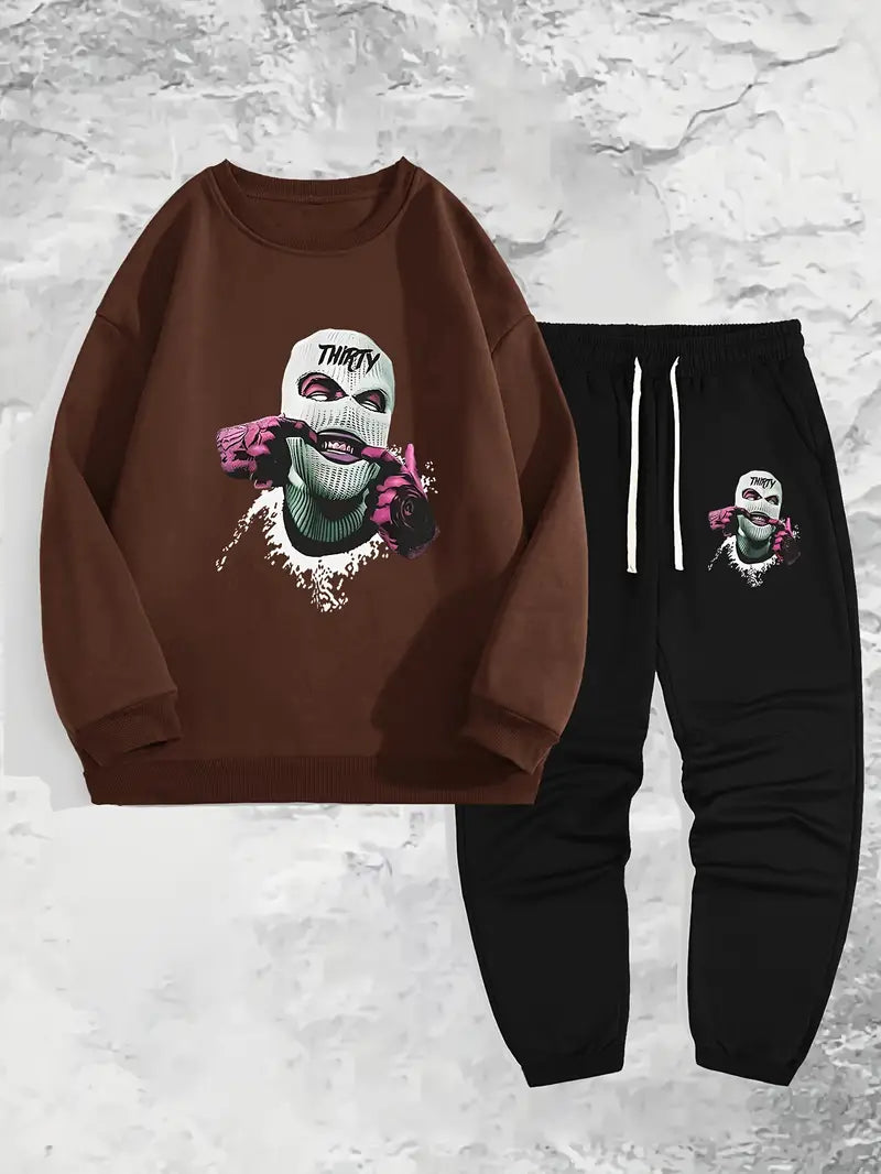 Men's Simple Style Casual Pajamas Sets, Drill Man Graphic Print Long Sleeve Crew Neck Sweatshirt Top & Loose Sweatpants Trendy Trousers With Pocket Drawstring Elastic, Outdoor Sets For Spring Autumn