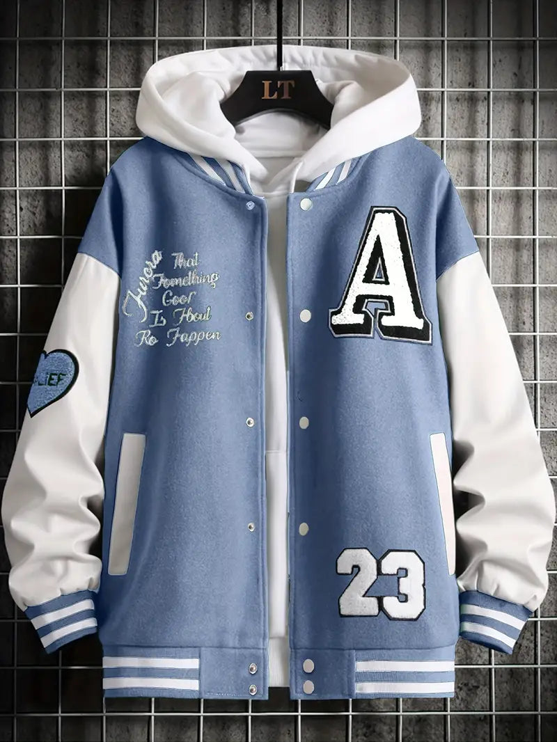 Men's Stand Collar Casual Loose Sports Jacket Color Block "A" Letter Embroidery Button Pocket Coat Top Clothes