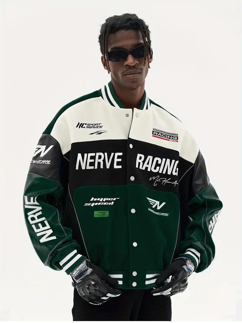 Letter Embroidery Color Block PU Jacket, Stylish Baseball Collar Biker Jacket Varsity Jacket