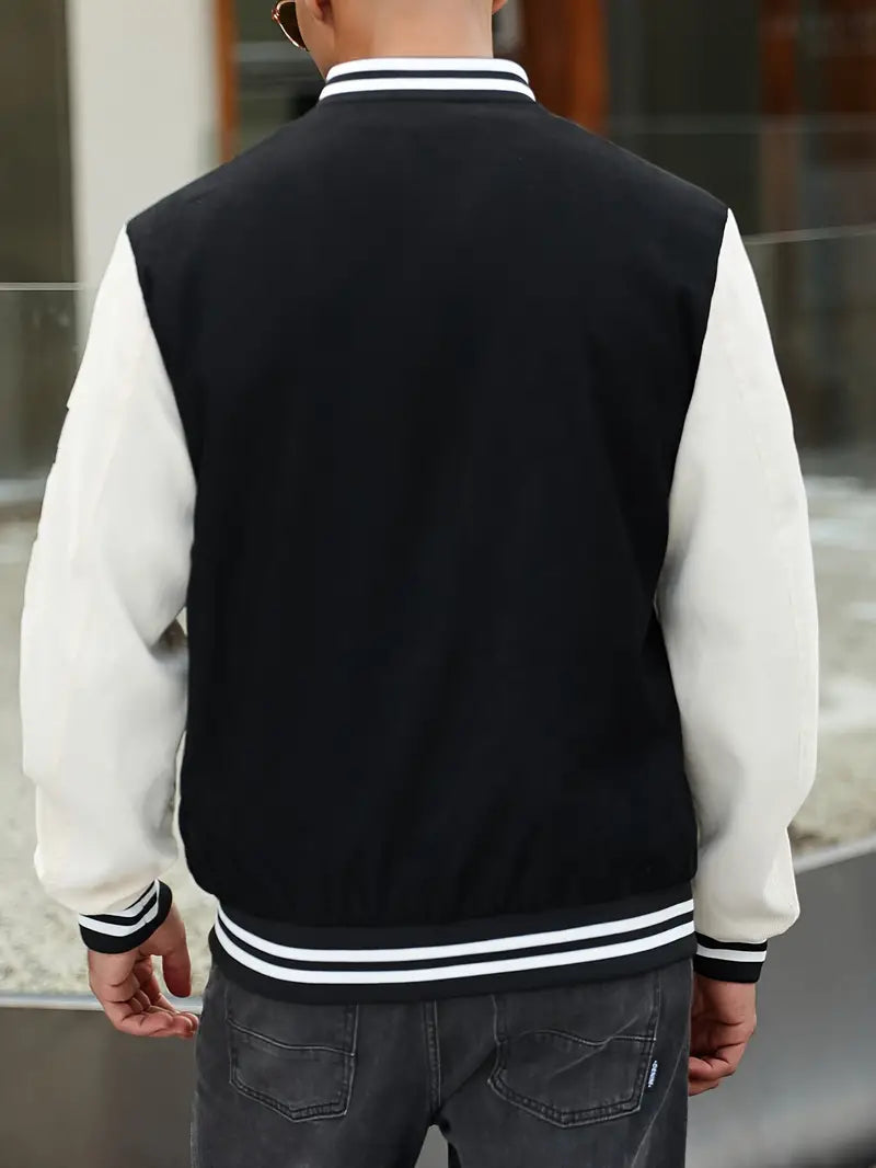 Men's Casual Letter Print Color Block Jacket, Chic Button Up Baseball Collar Varsity Jacket