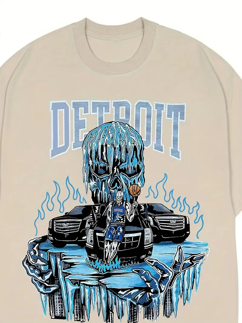 Men's Anime Skull Detroit Print Crew Neck Short Sleeve Cotton T-Shirt