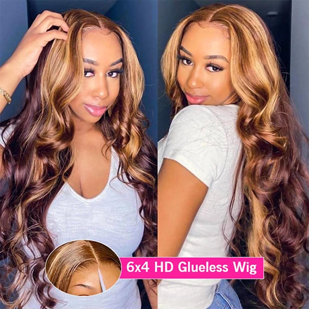 Highlight Honey Blonde Body Wave Lace Front Wig 13x6 HD Lace Frontal Wig Human Hair Wear Go Glueless 6x4 HD Lace Closure Wig
