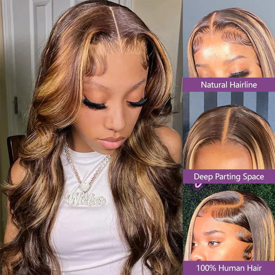 Highlight Honey Blonde Body Wave Lace Front Wig 13x6 HD Lace Frontal Wig Human Hair Wear Go Glueless 6x4 HD Lace Closure Wig