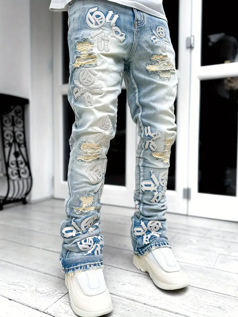 Men's Casual Letter Patchwork Skinny Jeans, Vintage Style Ripped Denim Pants