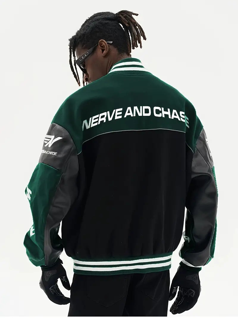 Letter Embroidery Color Block PU Jacket, Stylish Baseball Collar Biker Jacket Varsity Jacket