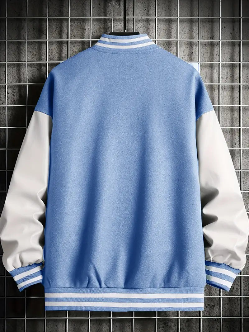 Men's Stand Collar Casual Loose Sports Jacket Color Block "A" Letter Embroidery Button Pocket Coat Top Clothes