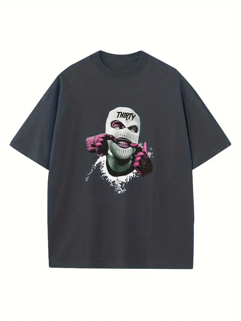 Masked Man Print, Men's Graphic T-shirt, Casual Comfy Tees For Summer, Mens Clothing