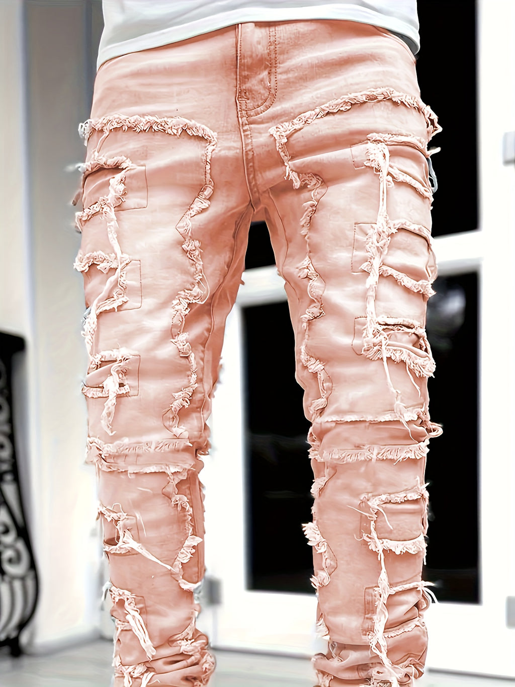 Men's Casual Raw Trim Jeans, Street Style Stretch Hip Hop Skinny Denim Pants