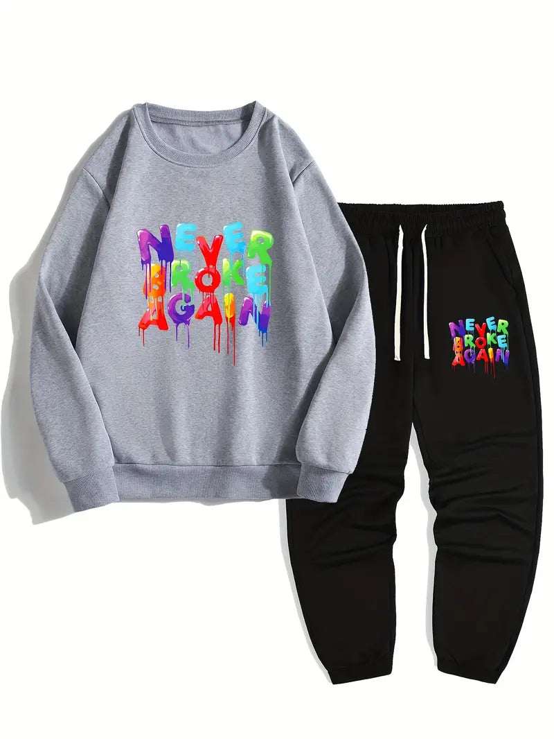 Men's Simple Style Casual Pajamas Sets, Letter NEVER BROKEN AGAIN Graphic Print Long Sleeve Crew Neck Sweatshirt Top & Loose Sweatpants Trendy Trousers With Pocket Drawstring Elastic , Outdoor Sets For Spring Autumn