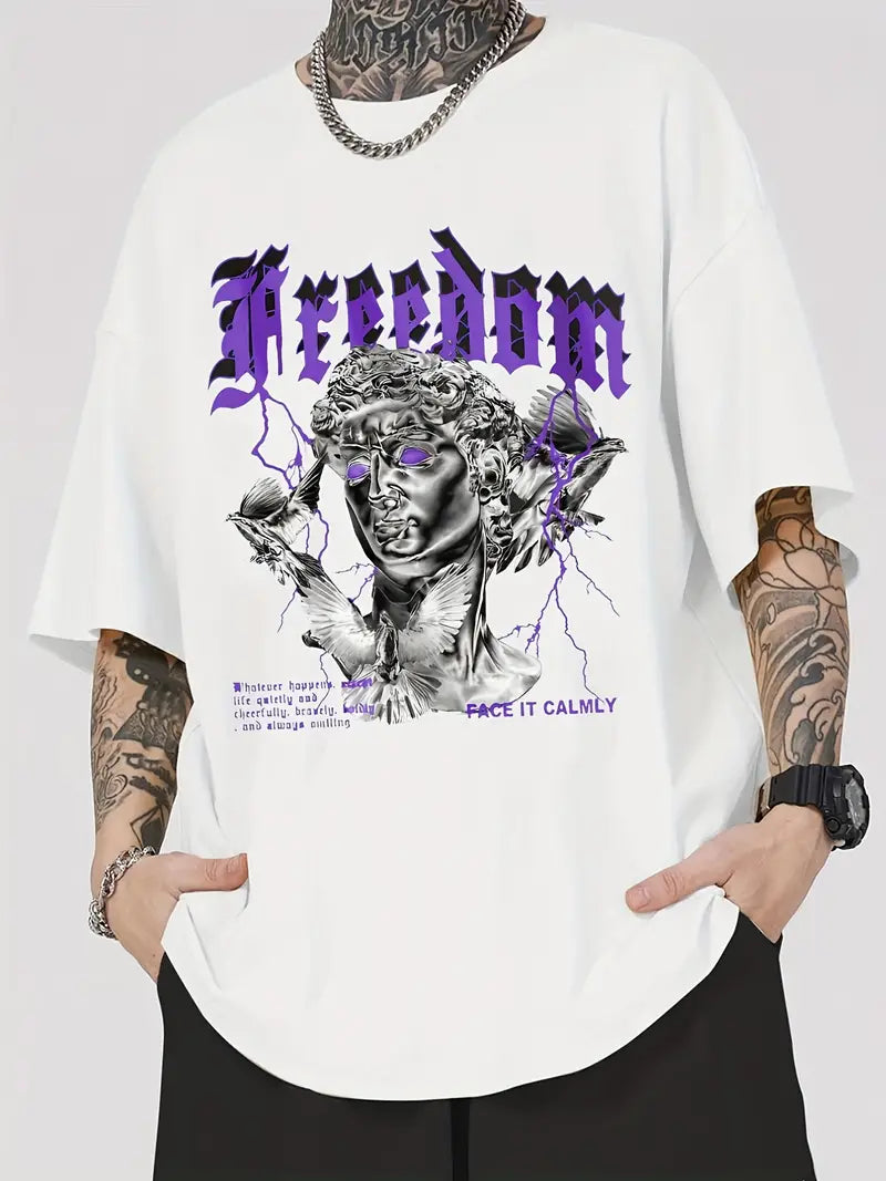 Men's Retro Purple David Sculpture Graphic Novelty T-Shirt - Casual Summer Tee with Oversized Fit and Crew Neck