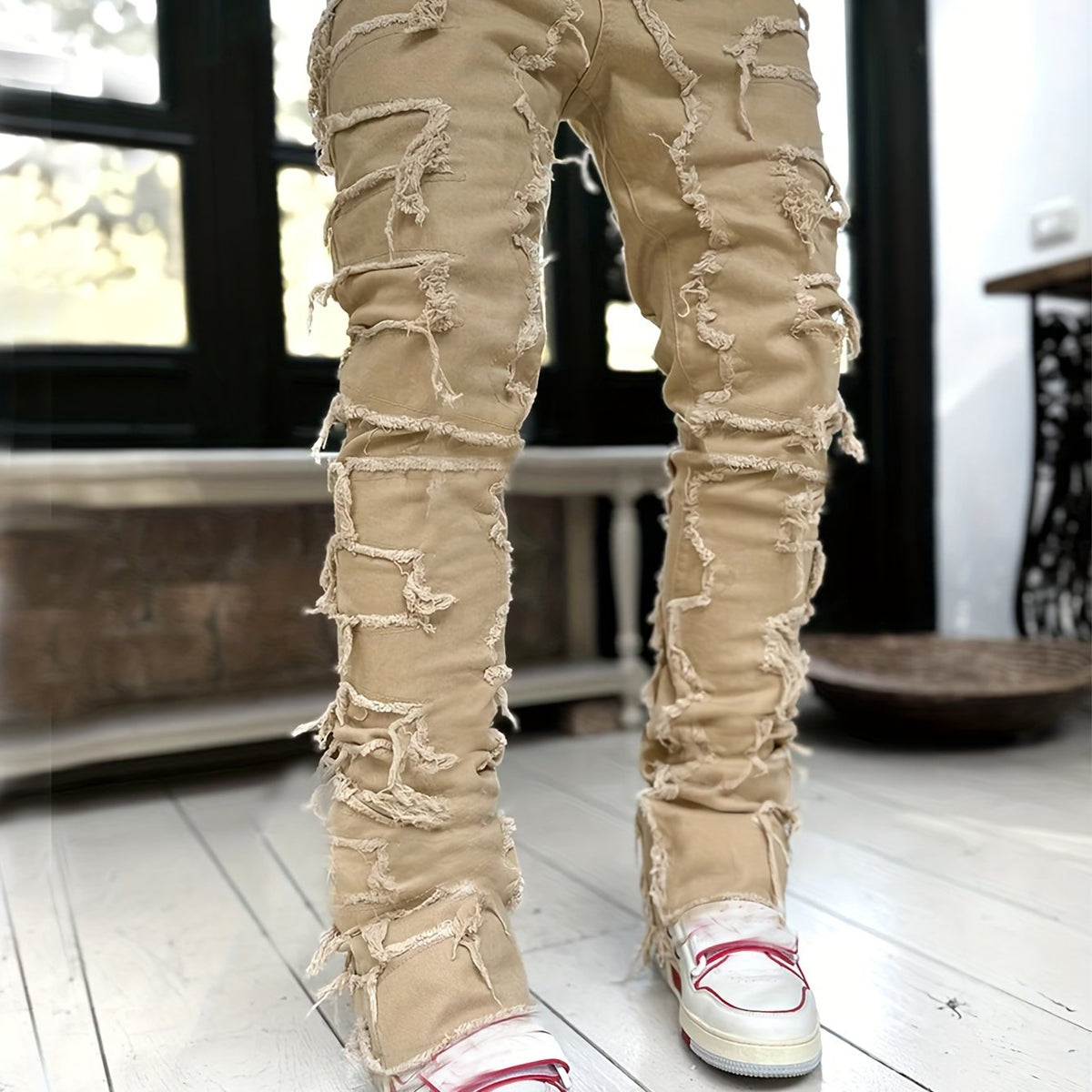 Creative Tassels Decoration Straight Fit Jeans, Men's Casual Medium Stretch Street Style Denim Pants For All Seasons
