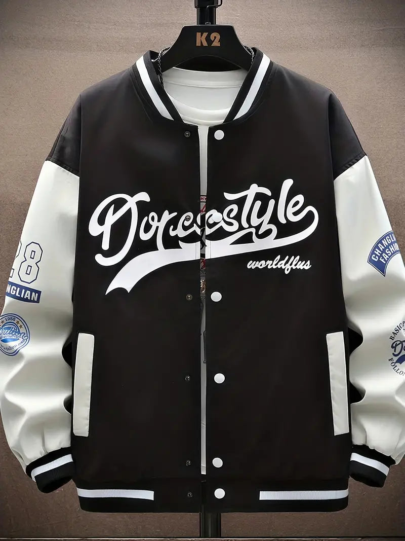 Letter Print Color Block Varsity Jackets, Men's Casual Baseball Collar Jacket Coat For Spring Fall