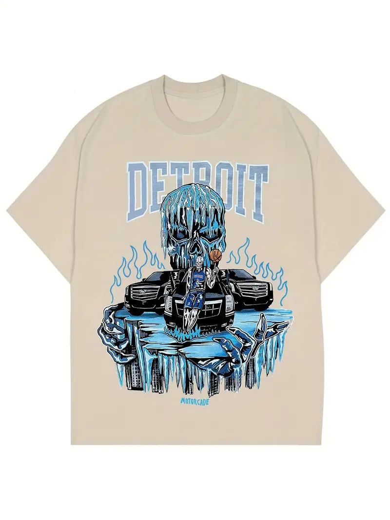 Men's Anime Skull Detroit Print Crew Neck Short Sleeve Cotton T-Shirt