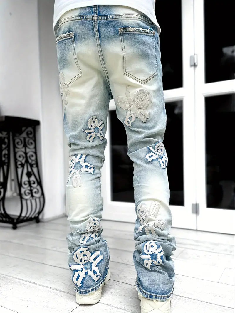 Men's Casual Letter Patchwork Skinny Jeans, Vintage Style Ripped Denim Pants