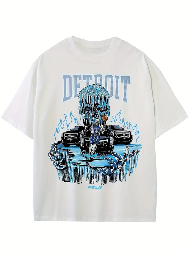 Men's Anime Skull Detroit Print Crew Neck Short Sleeve Cotton T-Shirt