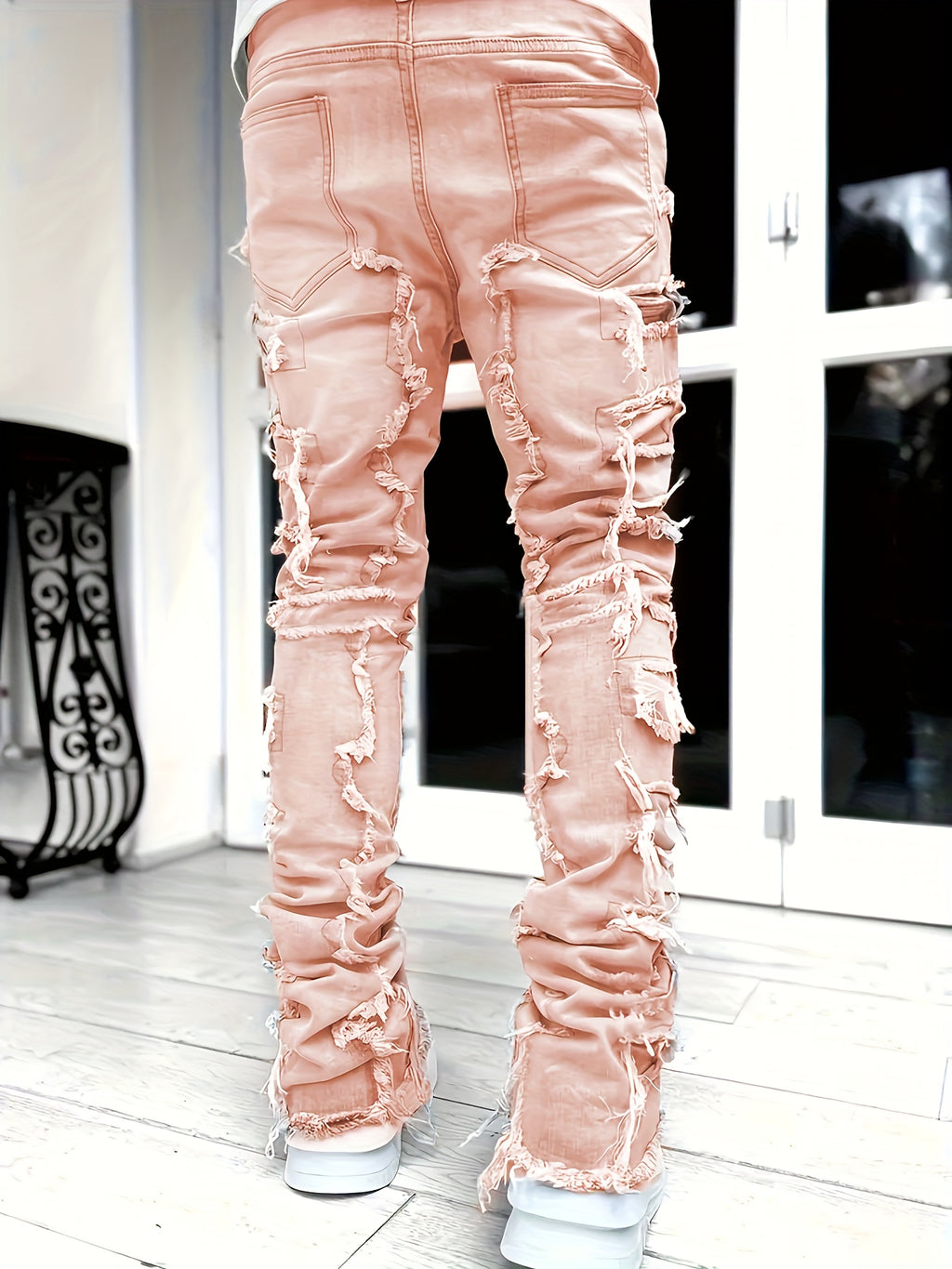 Men's Casual Raw Trim Jeans, Street Style Stretch Hip Hop Skinny Denim Pants