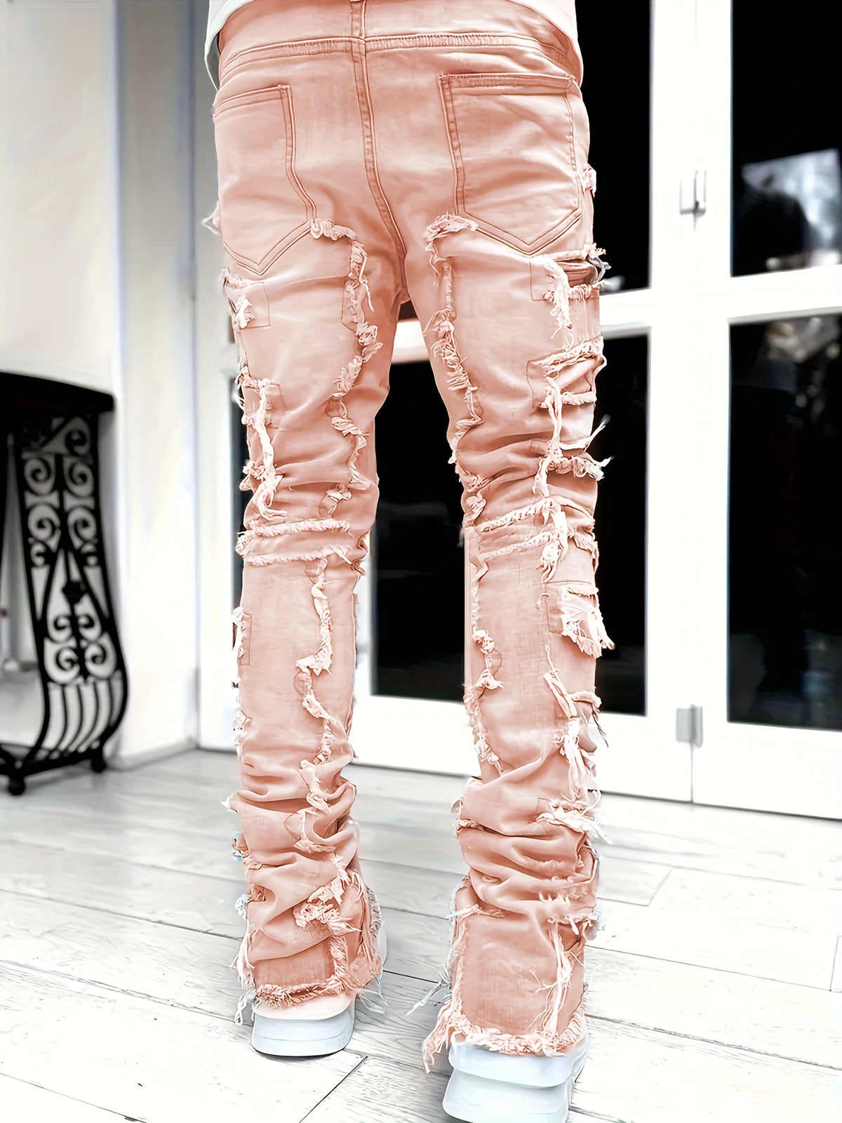 Men's Casual Raw Trim Jeans, Street Style Stretch Hip Hop Skinny Denim Pants
