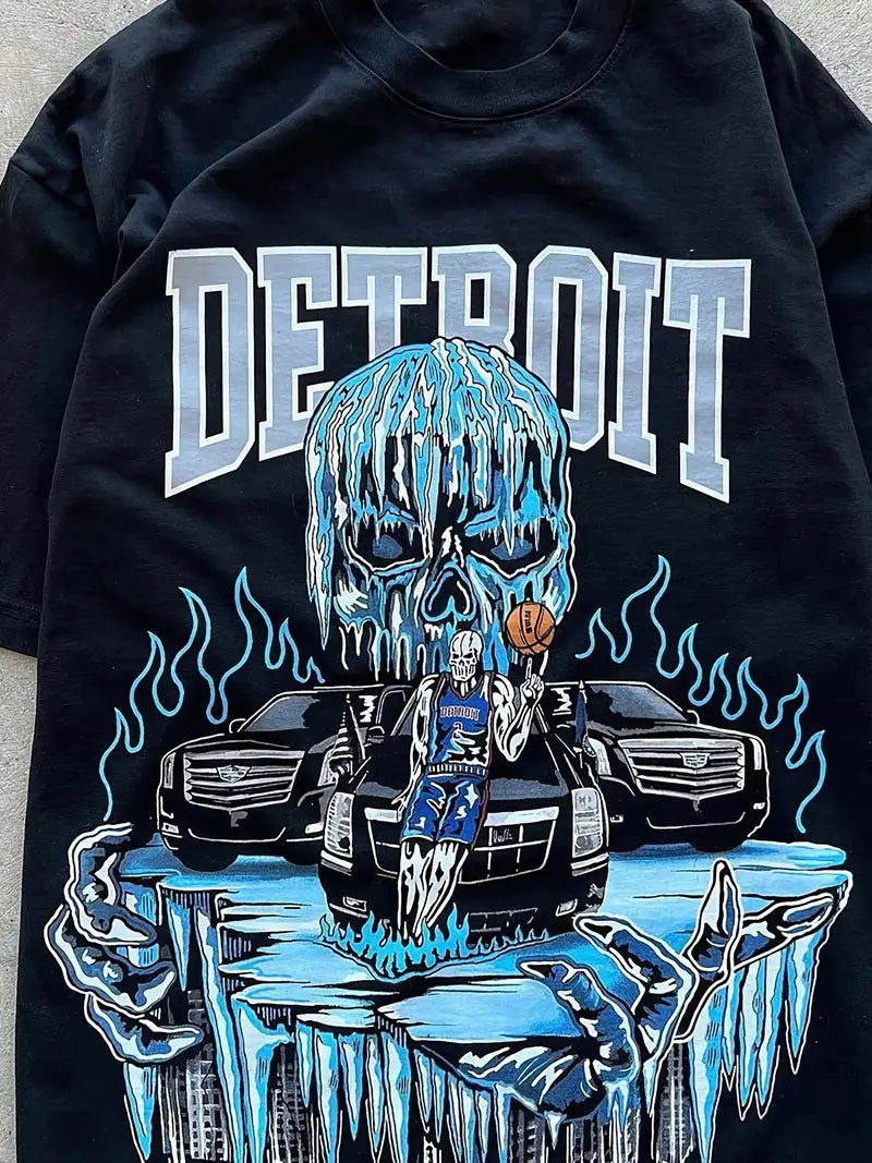 Men's Anime Skull Detroit Print Crew Neck Short Sleeve Cotton T-Shirt
