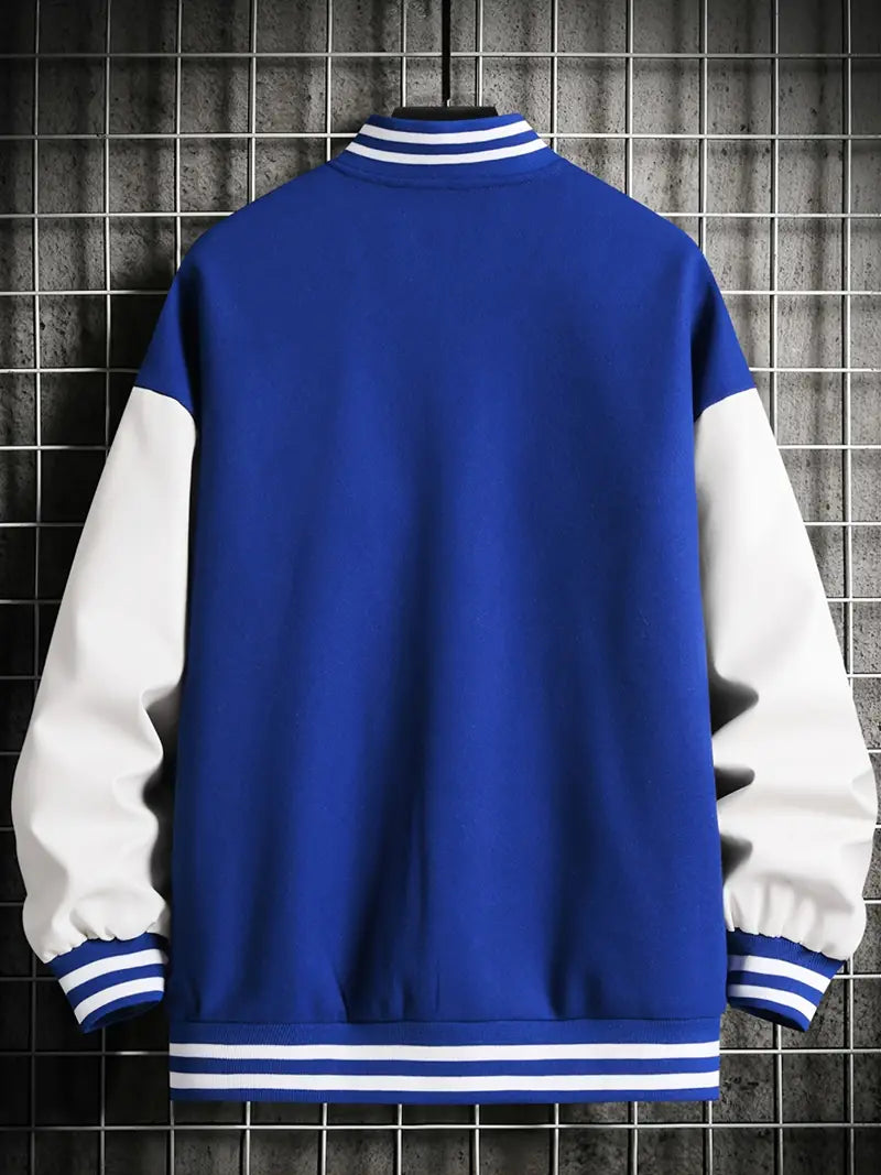Men's Stand Collar Casual Loose Sports Jacket Color Block "A" Letter Embroidery Button Pocket Coat Top Clothes